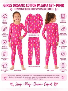 OEKO TEK ORGANIC COTTON PAJAMA SET – PINK VARIOUS SIZES (NEW WITH TAGS) B14